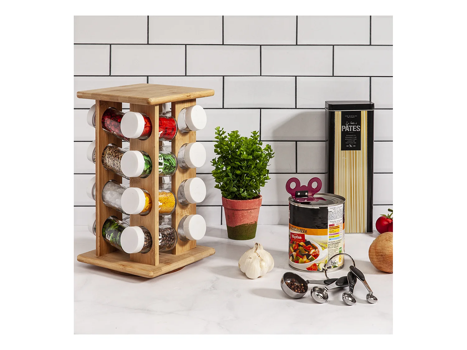 7presentoir A Epices 16 Pots En Bambou Marron, Transparent, Blanc