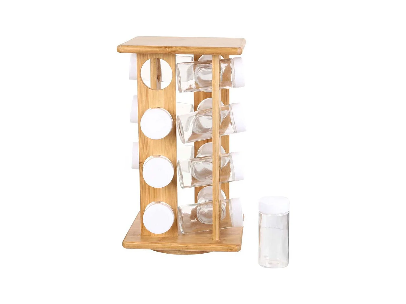 7presentoir A Epices 16 Pots En Bambou Marron, Transparent, Blanc