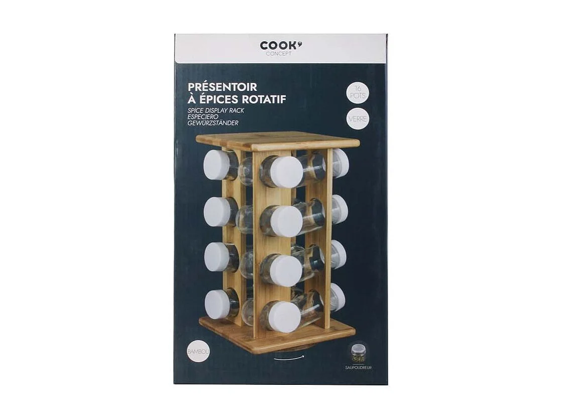 7presentoir A Epices 16 Pots En Bambou Marron, Transparent, Blanc