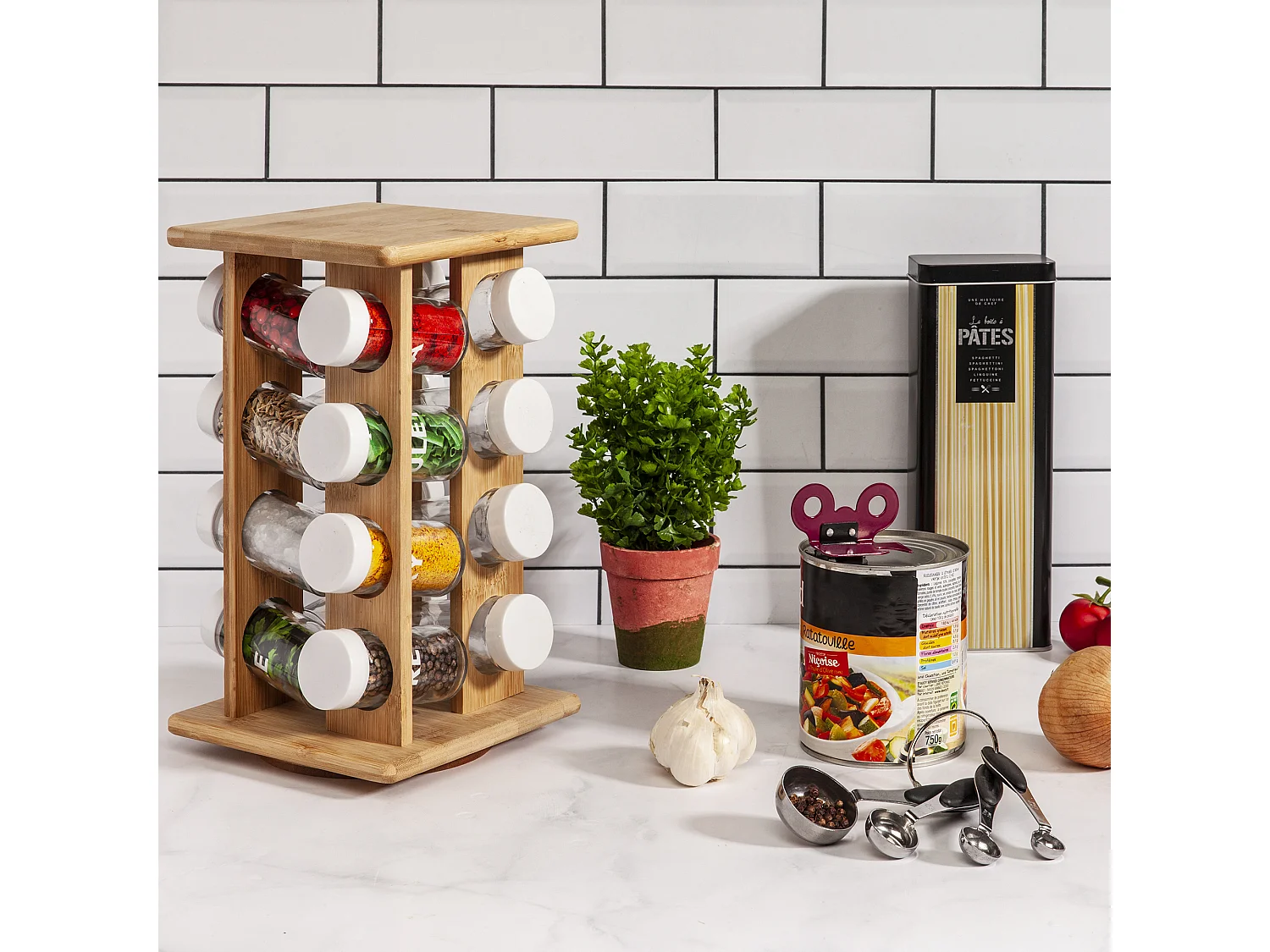 7presentoir A Epices 16 Pots En Bambou Marron, Transparent, Blanc