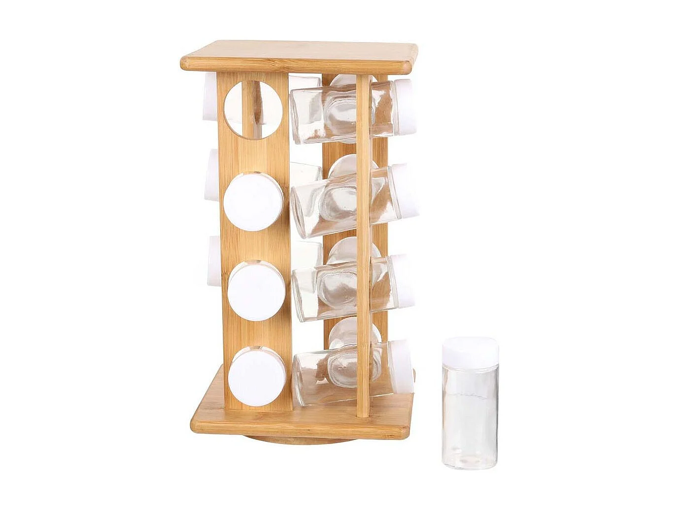 7presentoir A Epices 16 Pots En Bambou Marron, Transparent, Blanc