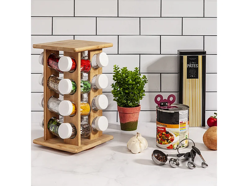 7presentoir A Epices 16 Pots En Bambou Marron, Transparent, Blanc