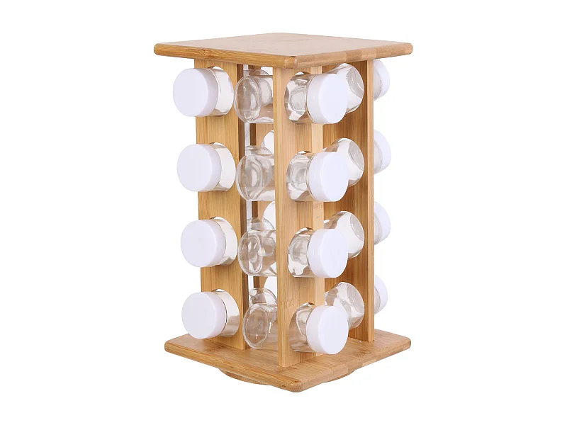 7presentoir A Epices 16 Pots En Bambou Marron, Transparent, Blanc