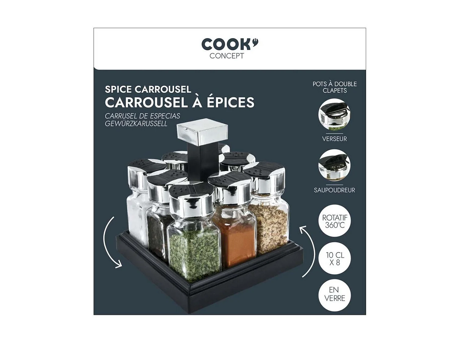 Carrousel Carre 8 Pots Couvercle Plastique Transparent, Noir