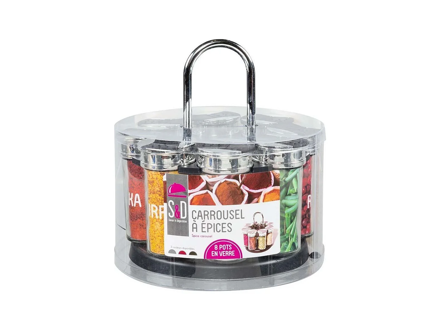 Carrousel Epices 8 Pots Couvercle Plastique Noir, Transparent