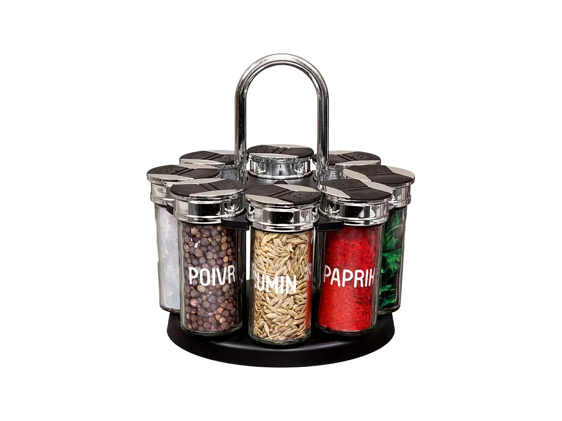 Carrousel Epices 8 Pots Couvercle Plastique Noir, Transparent