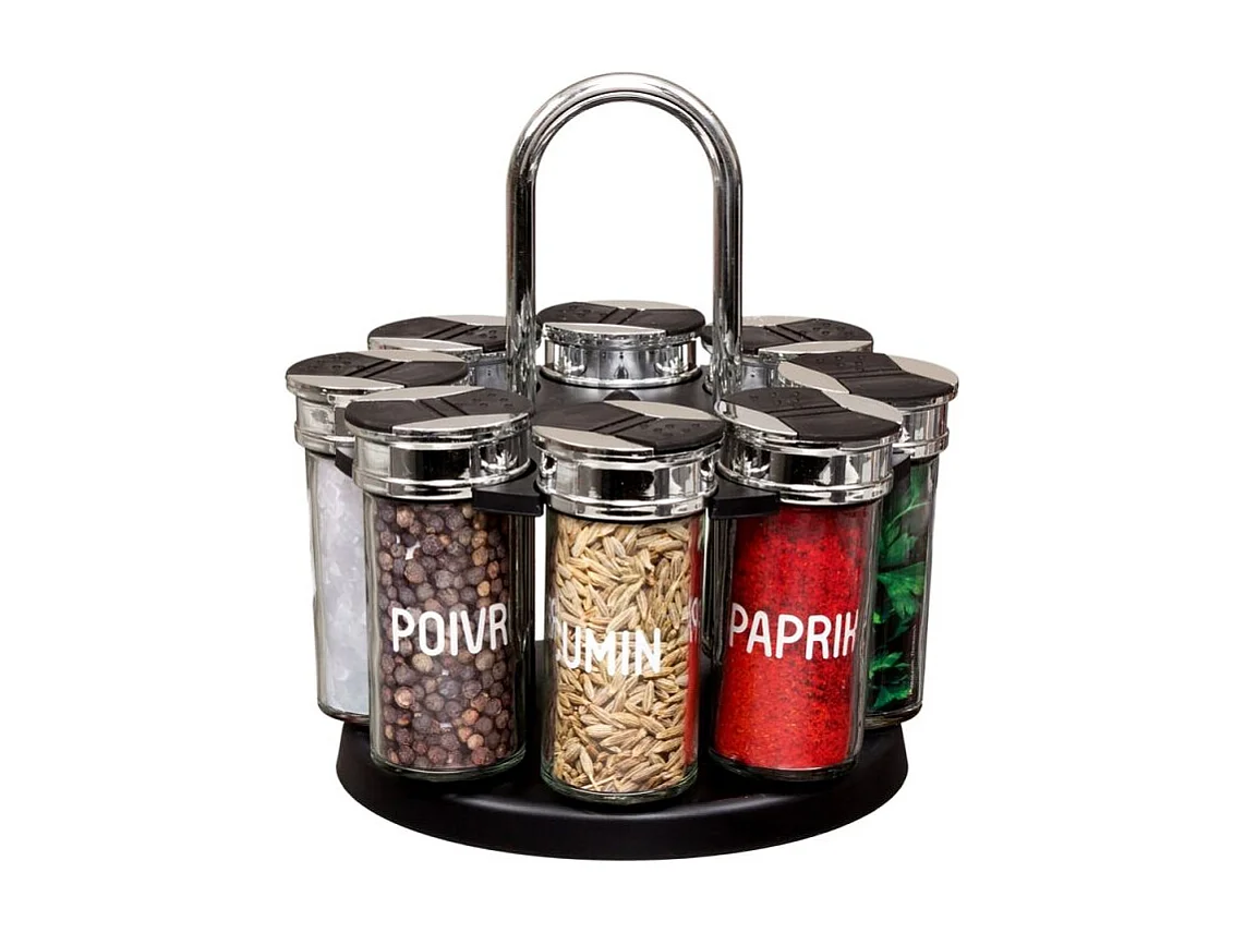 Carrousel Epices 8 Pots Couvercle Plastique Noir, Transparent