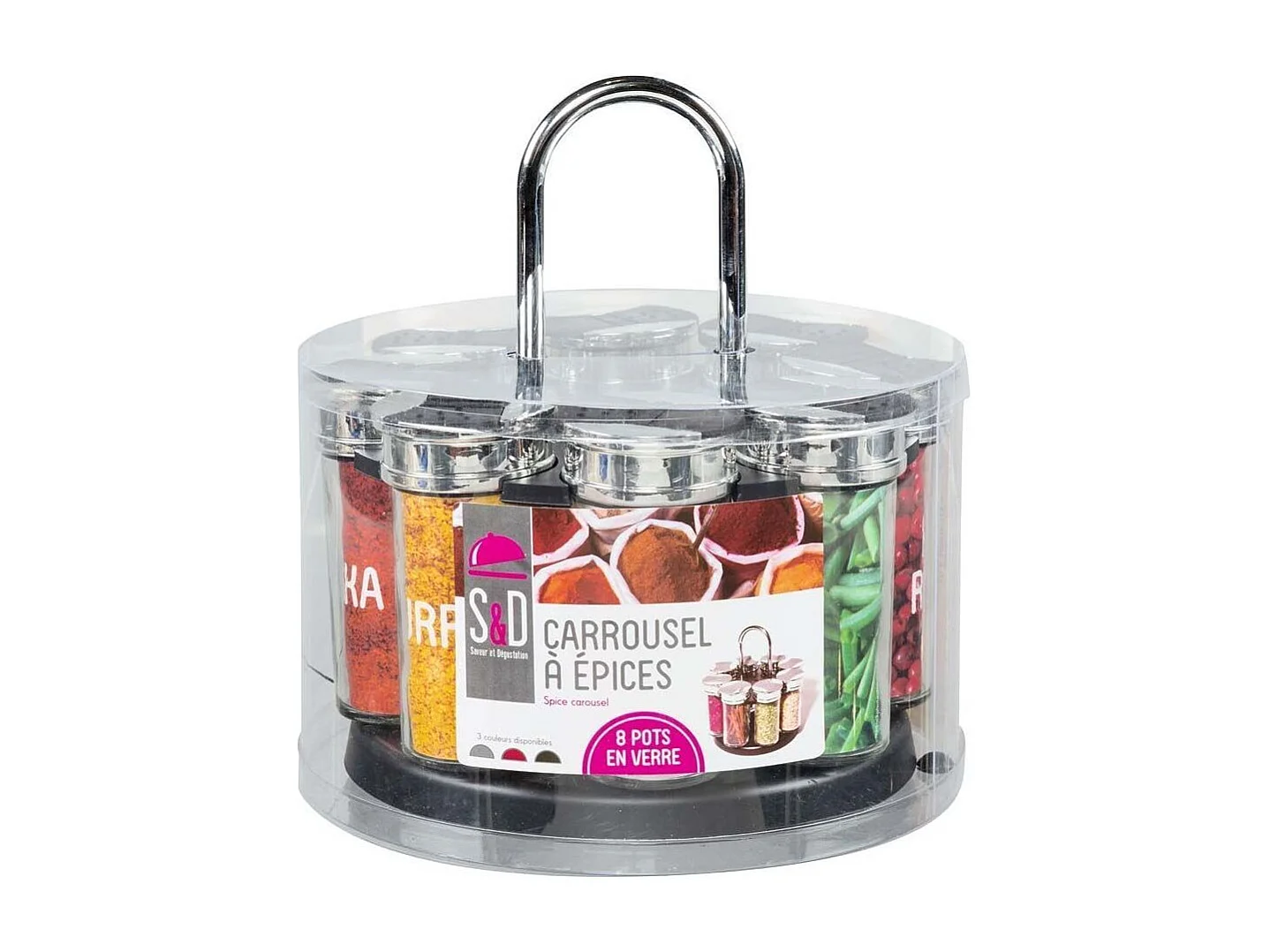 Carrousel Epices 8 Pots Couvercle Plastique Noir, Transparent