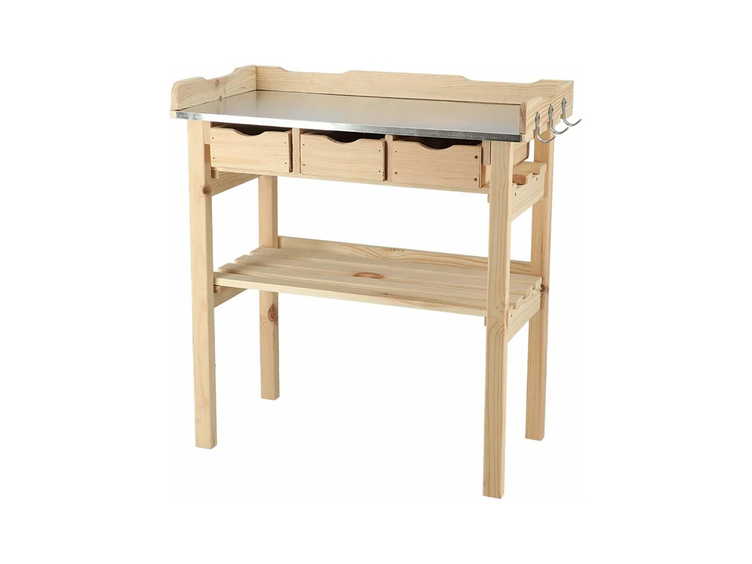 Table à rempoter en pin avec plateau zinc 3 tiroirs