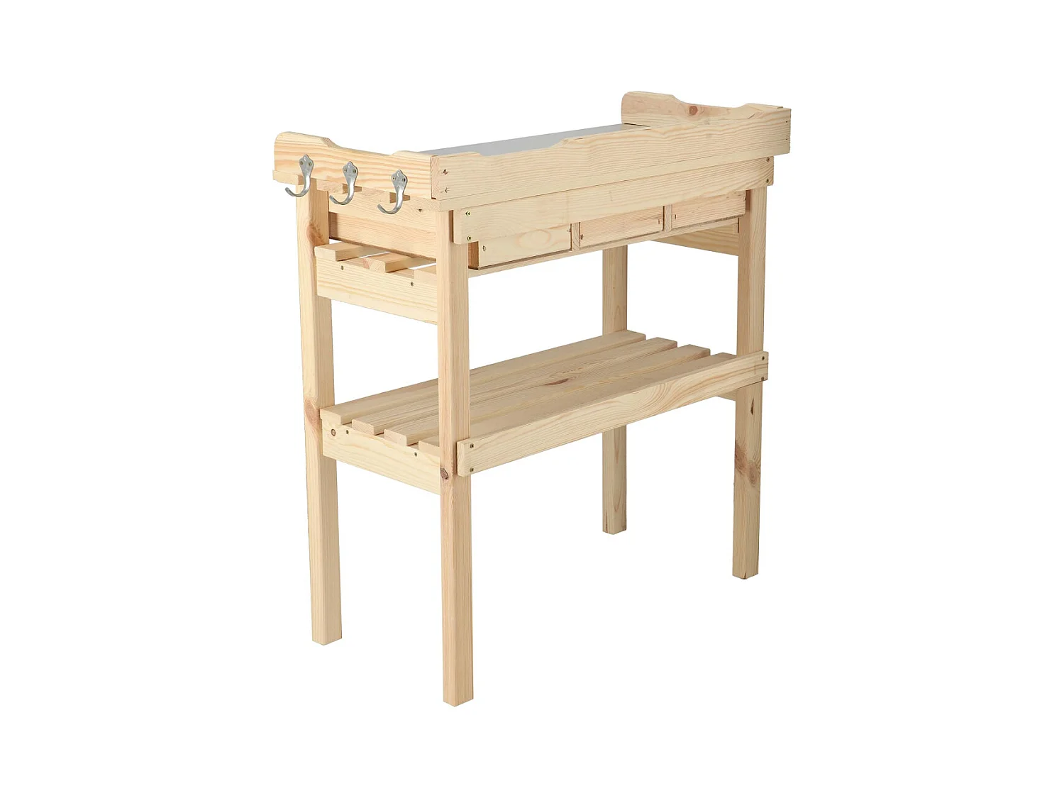 Table à rempoter en pin avec plateau zinc 3 tiroirs