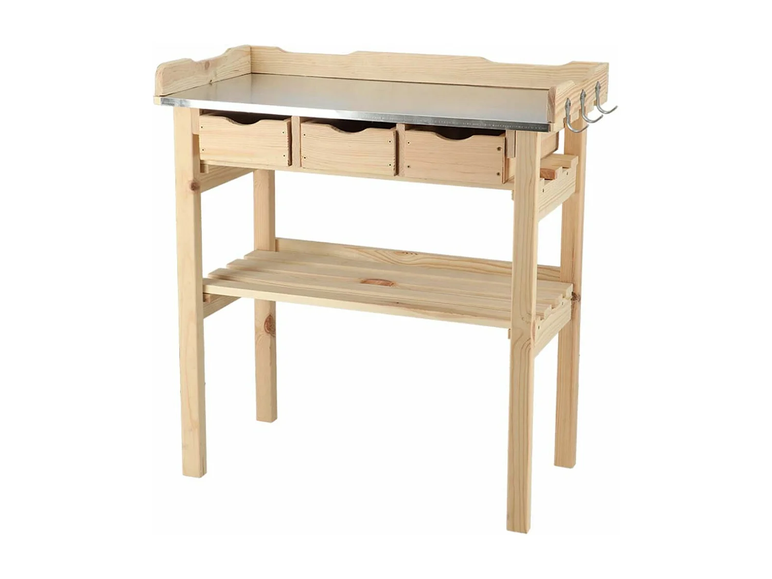 Table à rempoter en pin avec plateau zinc 3 tiroirs