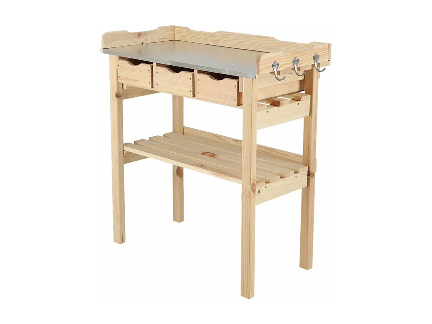 Table à rempoter en pin avec plateau zinc 3 tiroirs