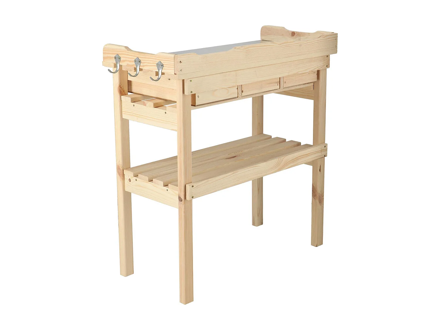 Table à rempoter en pin avec plateau zinc 3 tiroirs