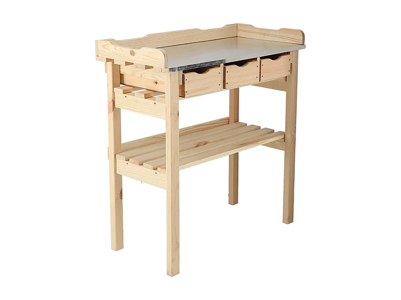 Table à rempoter en pin avec plateau zinc 3 tiroirs