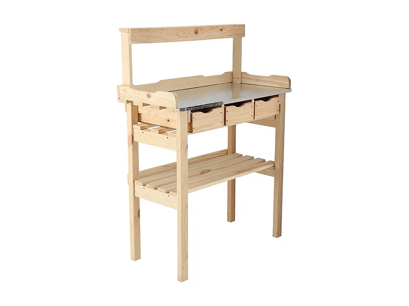 Table à rempoter en pin avec plateau zinc 3 tiroirs + étagère supérieure
