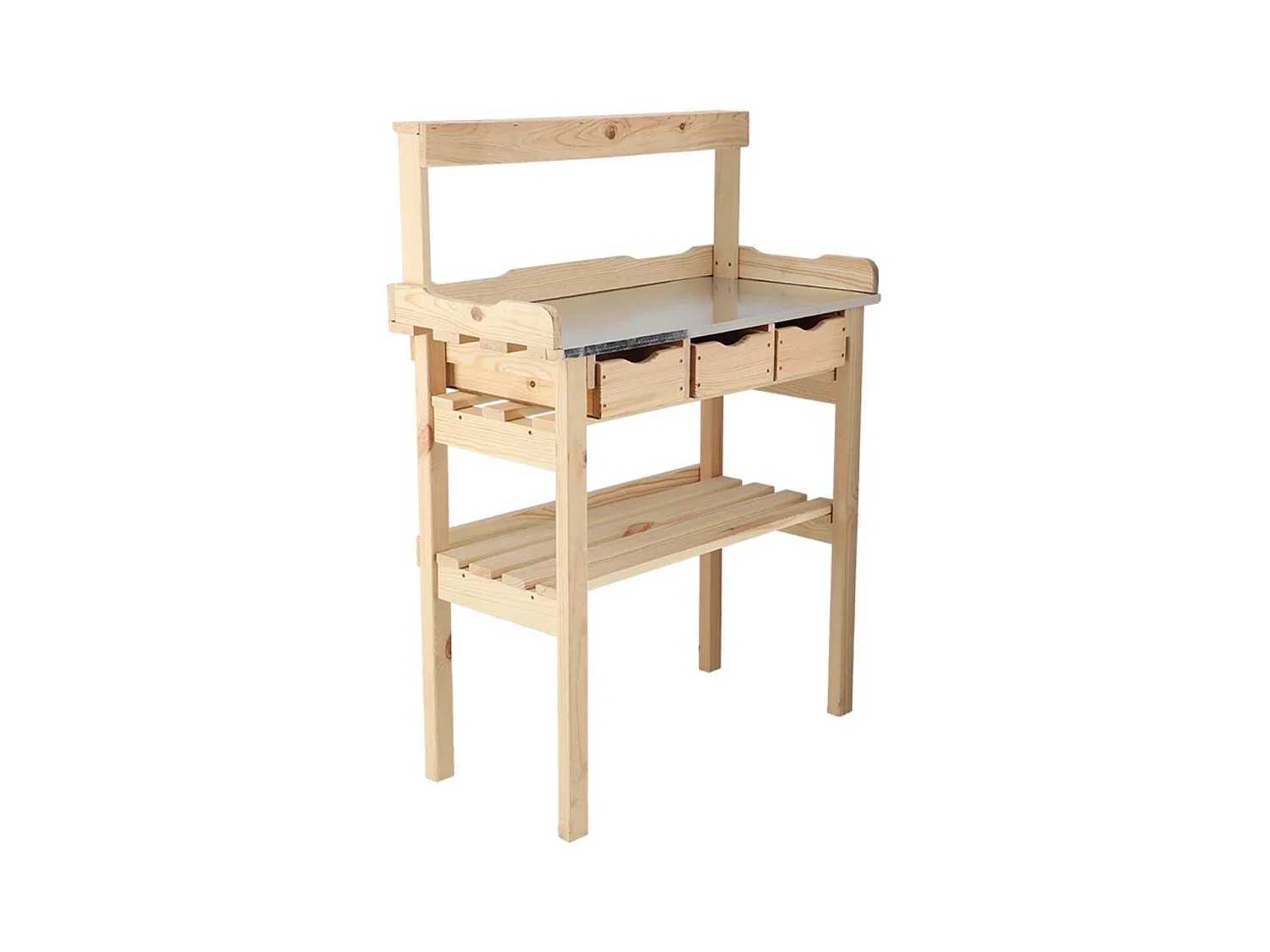 Table à rempoter en pin avec plateau zinc 3 tiroirs + étagère supérieure