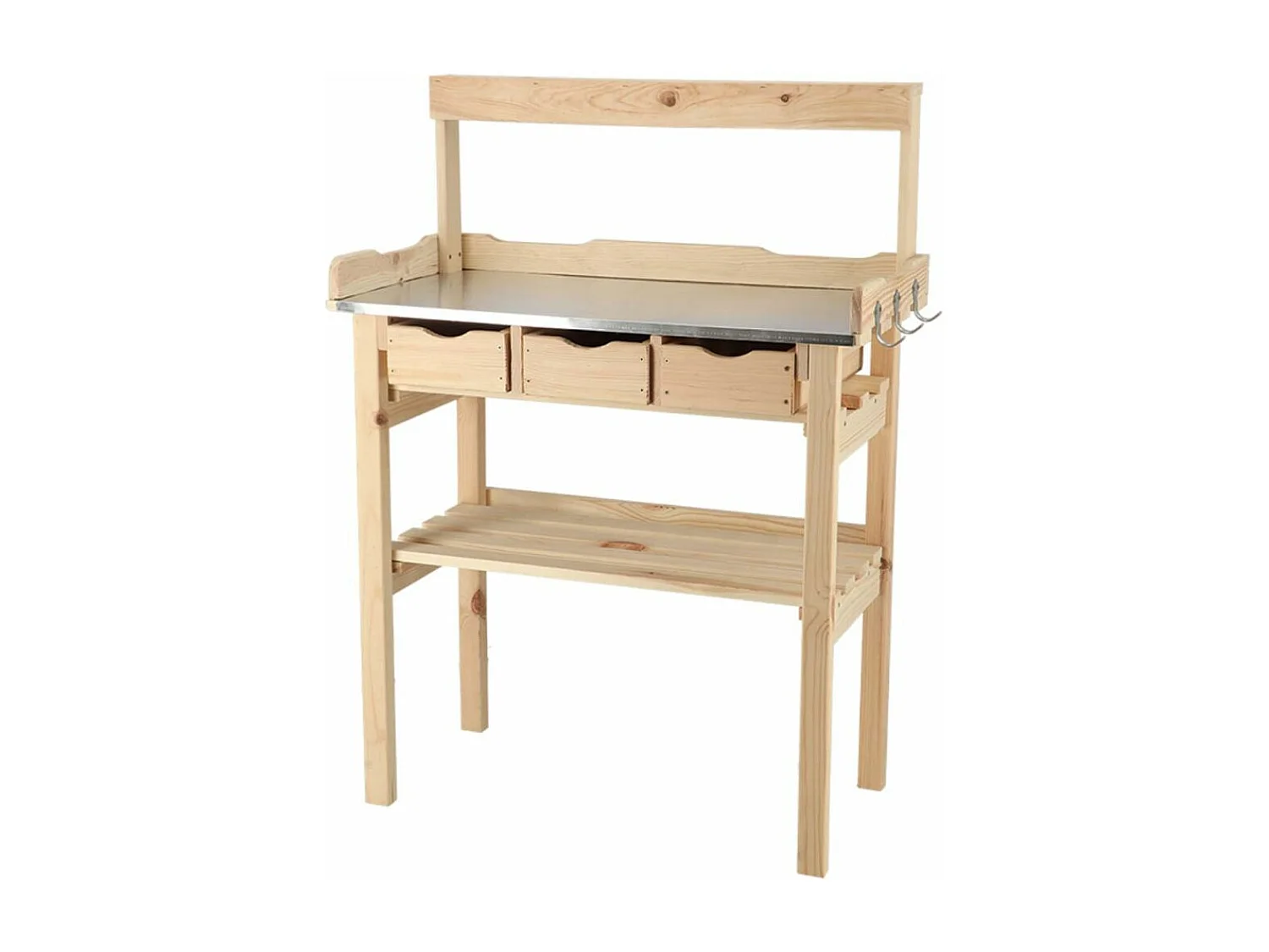 Table à rempoter en pin avec plateau zinc 3 tiroirs + étagère supérieure