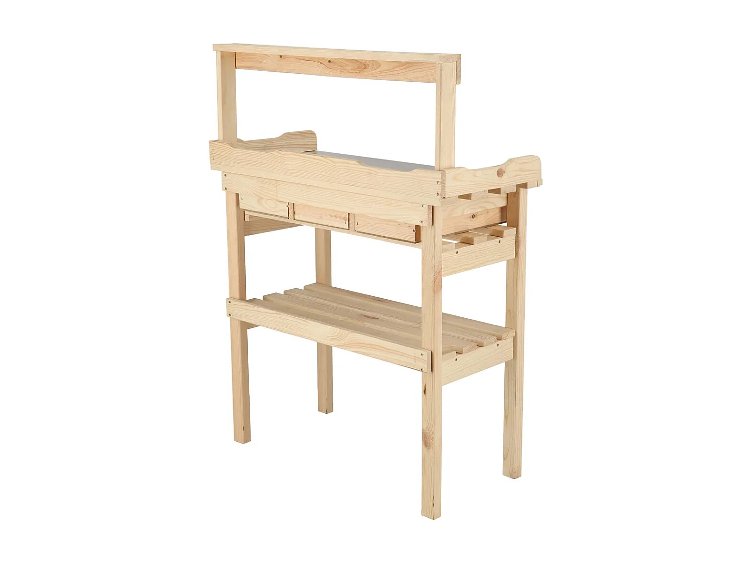 Table à rempoter en pin avec plateau zinc 3 tiroirs + étagère supérieure