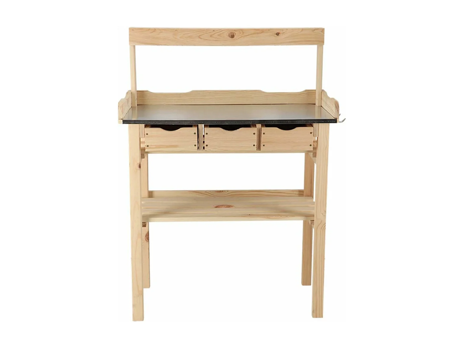 Table à rempoter en pin avec plateau zinc 3 tiroirs + étagère supérieure