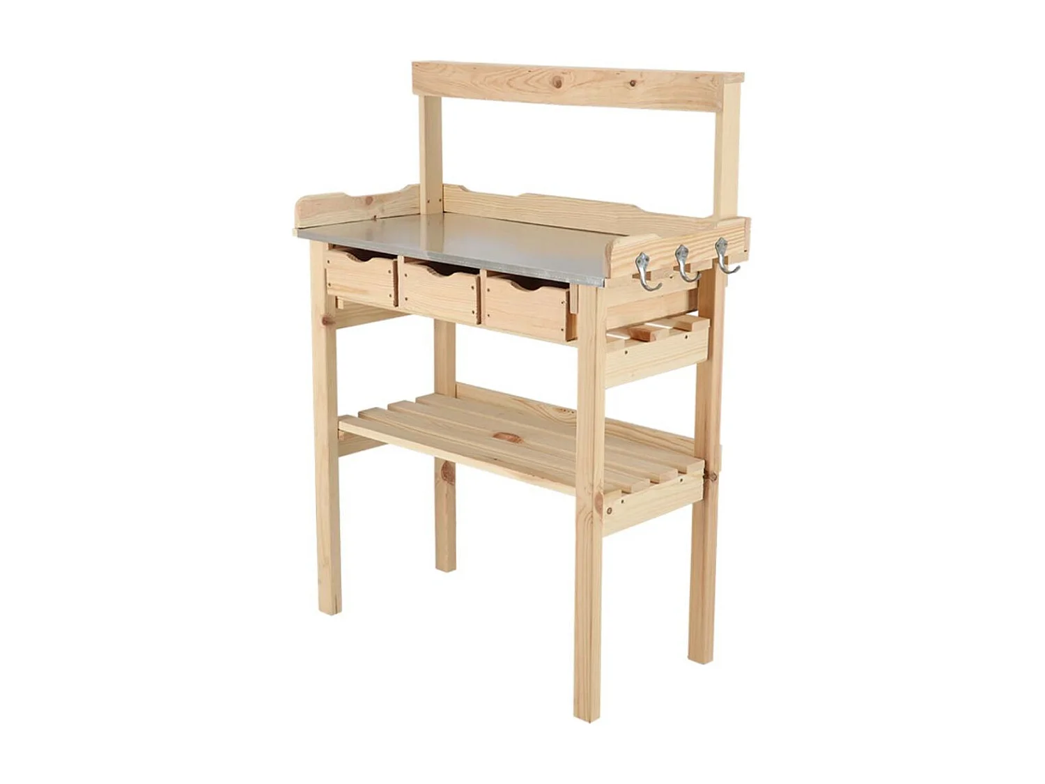 Table à rempoter en pin avec plateau zinc 3 tiroirs + étagère supérieure