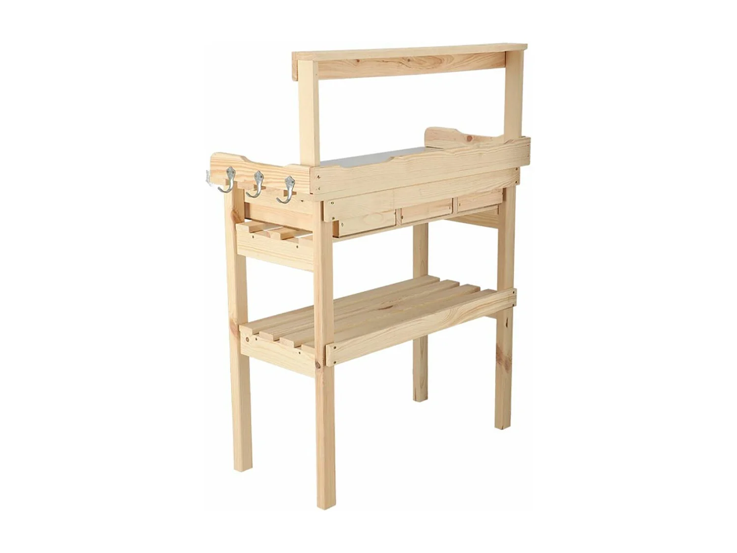 Table à rempoter en pin avec plateau zinc 3 tiroirs + étagère supérieure