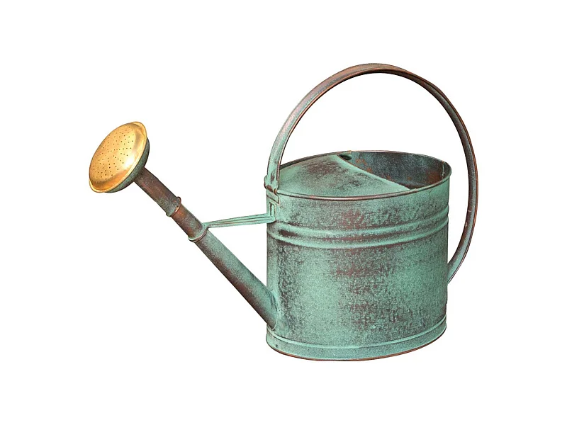 Vecchio annaffiatoio verde con mela da 4 litri