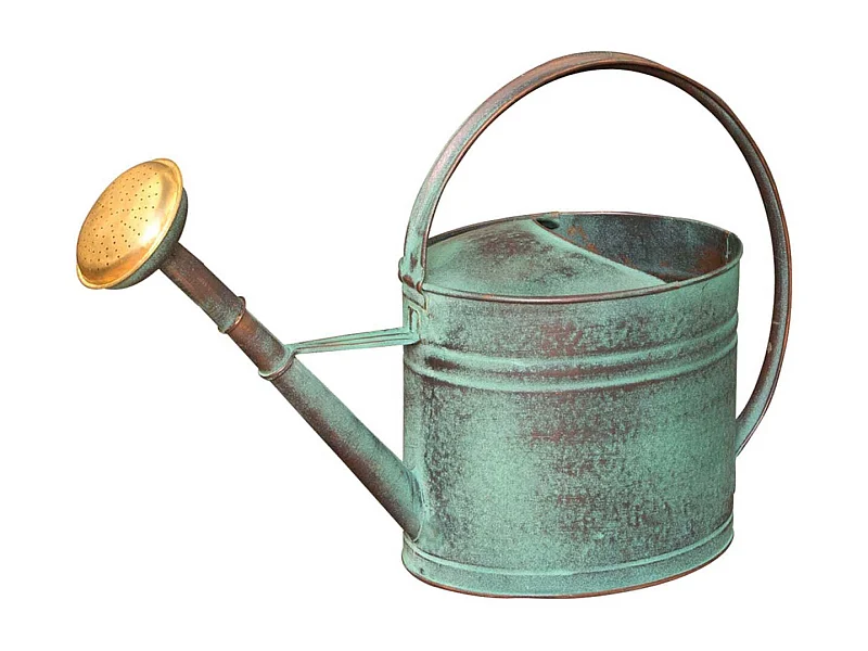 Vecchio annaffiatoio verde con mela da 4 litri