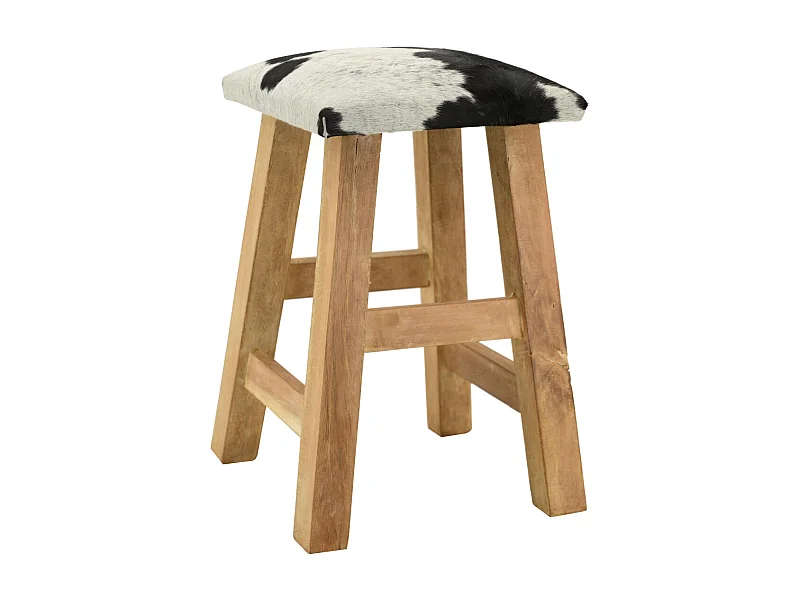 Tabouret carré en bois recyclé et peau de vache