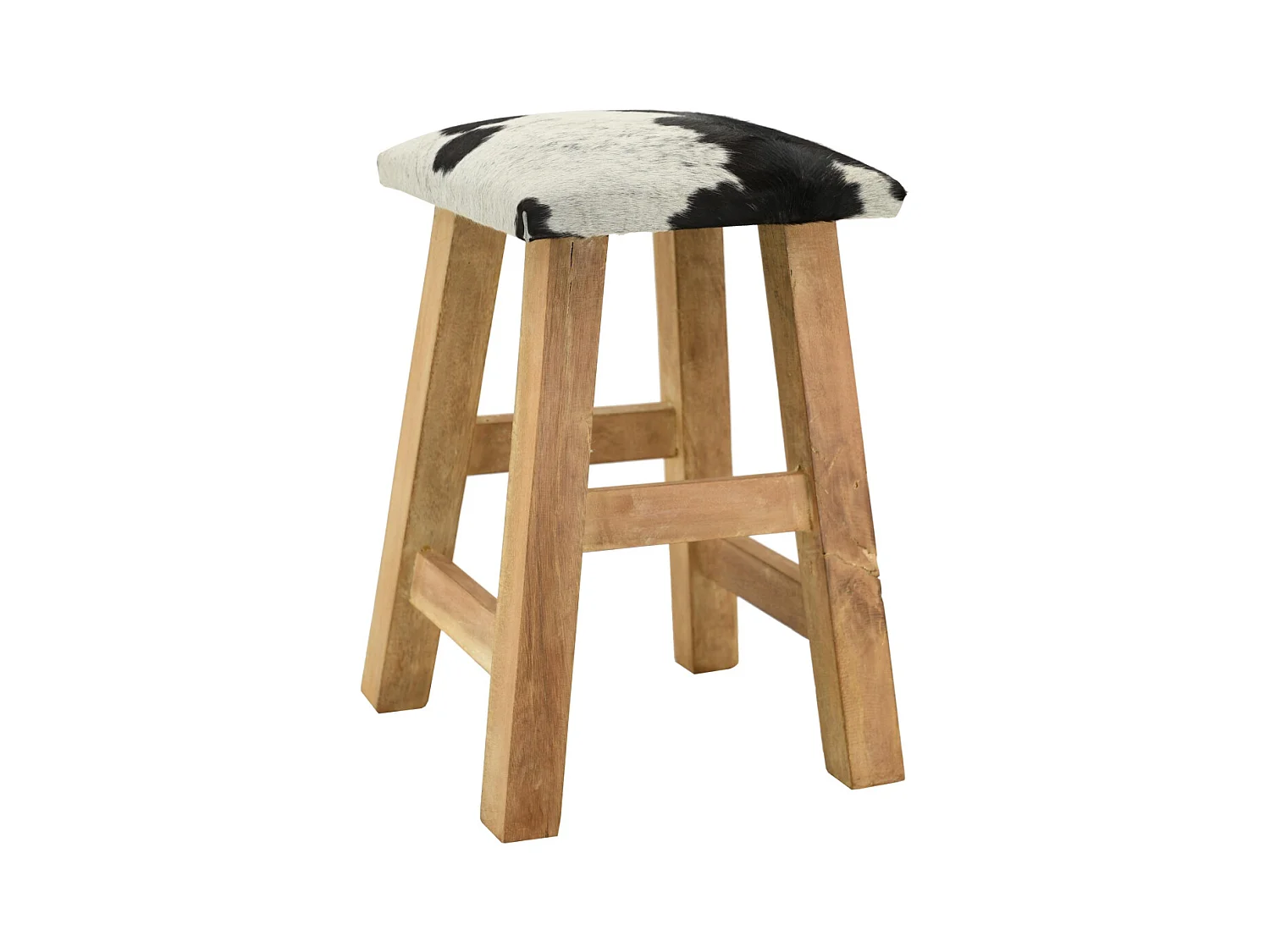Tabouret carré en bois recyclé et peau de vache