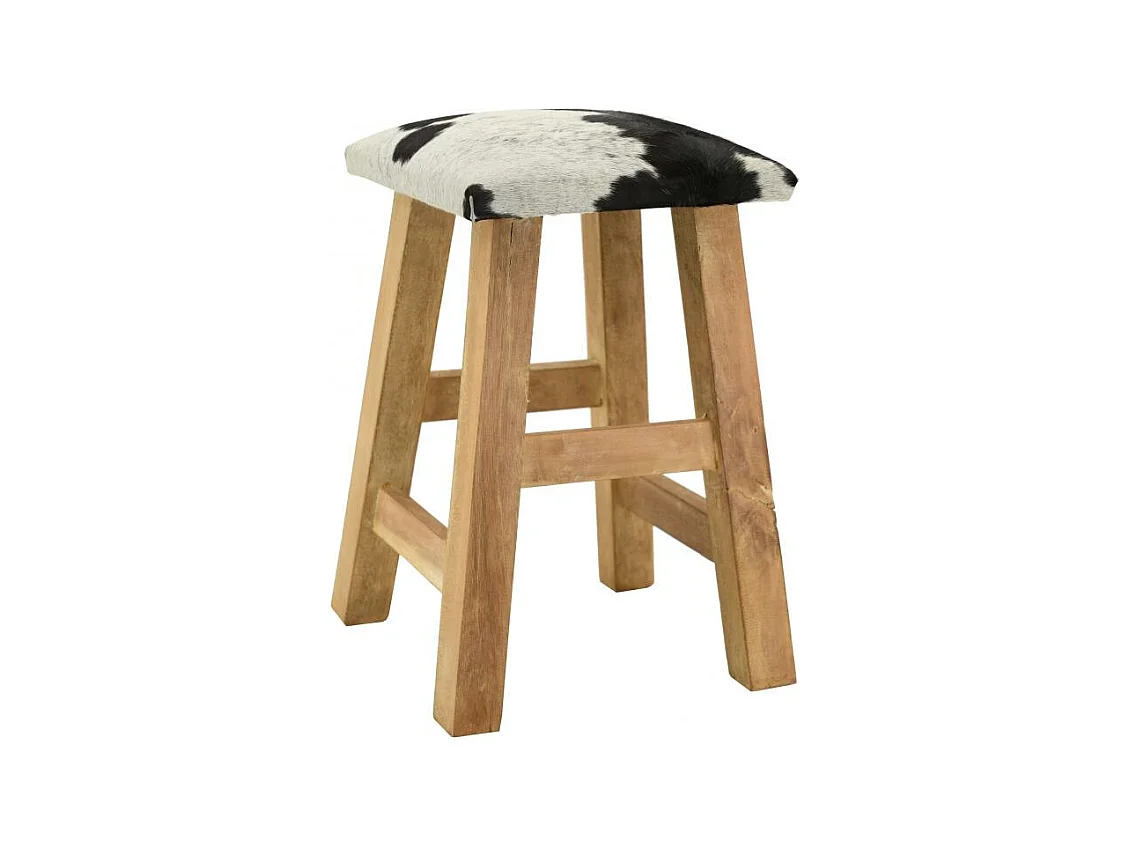 Tabouret carré en bois recyclé et peau de vache