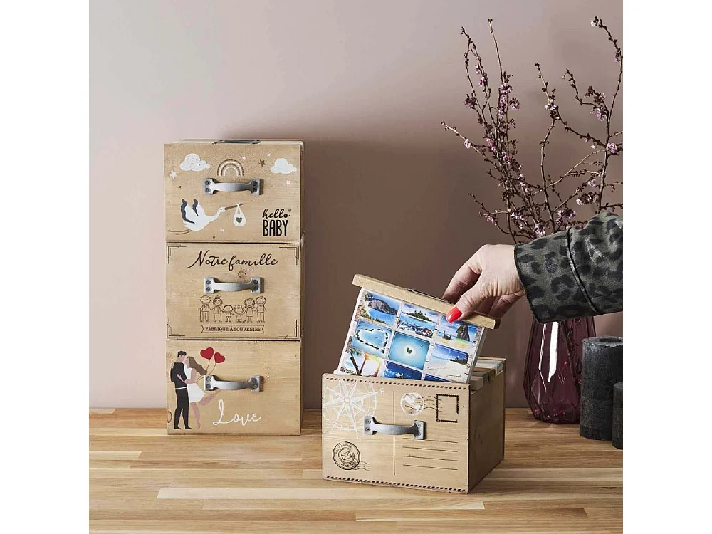 Boite album photo en bois 18.7 x 17.8 x 13 cm Voyages