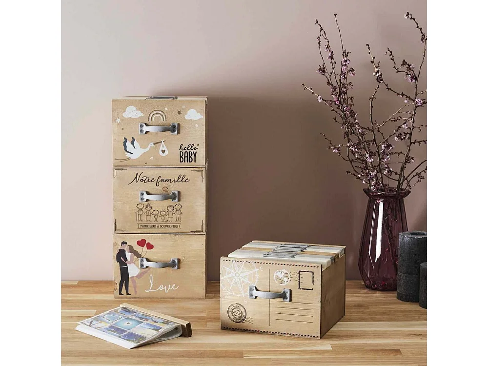 Boite album photo en bois 18.7 x 17.8 x 13 cm Voyages