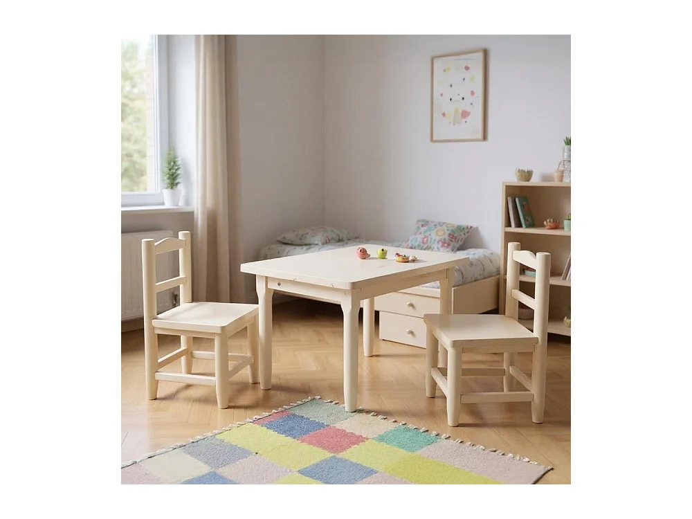 Salon enfant 1 table 2 chaises en pin blanchi
