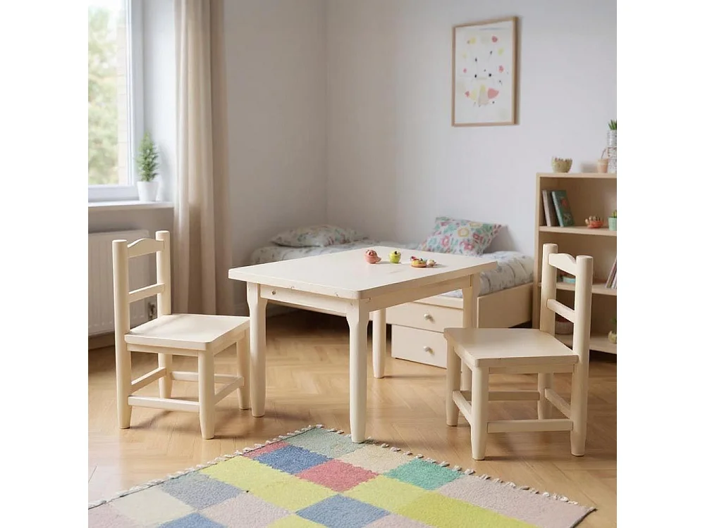Salon enfant 1 table 2 chaises en pin blanchi
