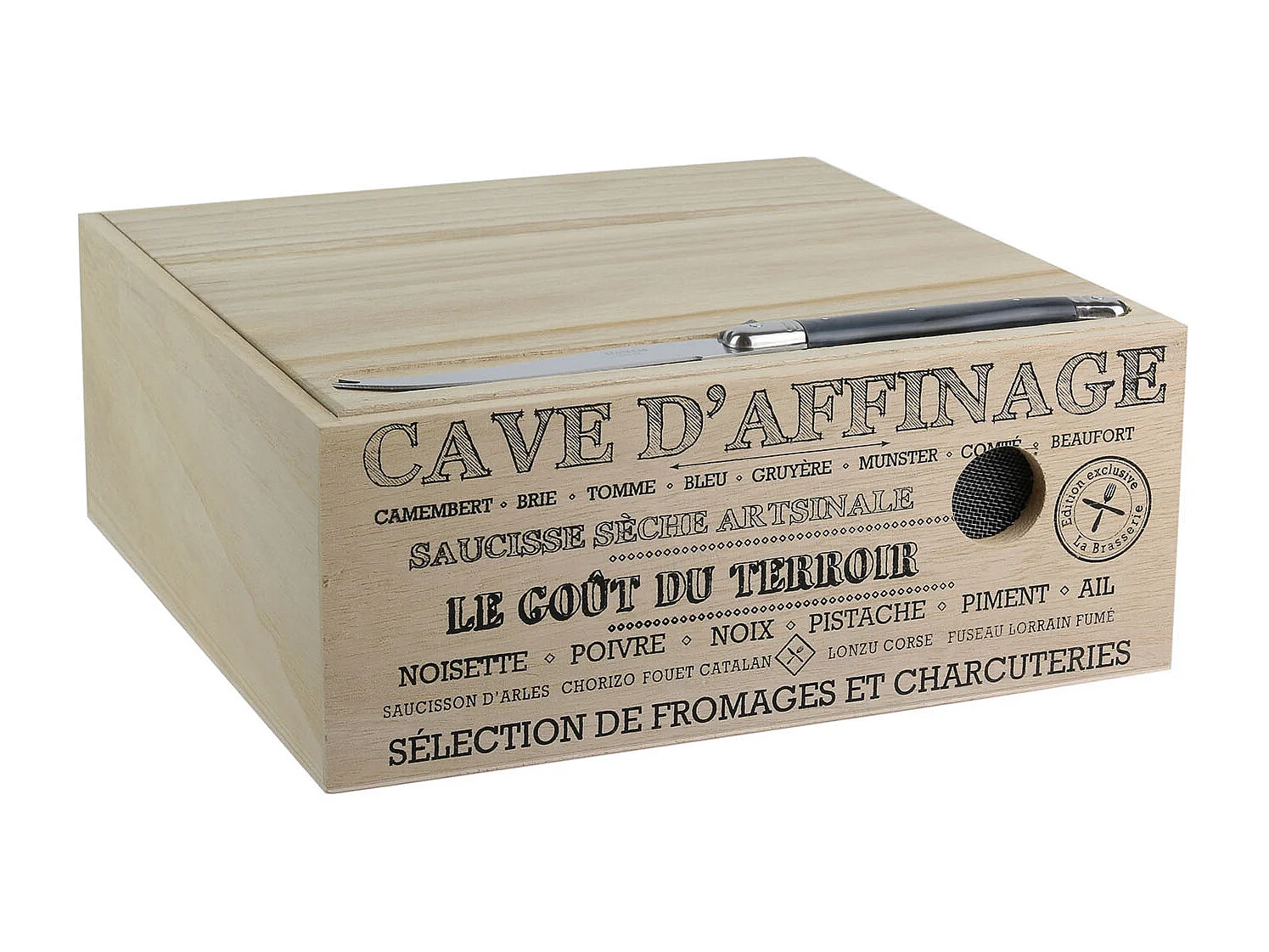 Cave A Fromage Bois Avec Couteau Noir, Beige