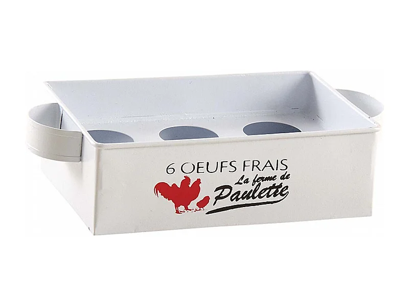 Boîte à oeufs en métal blanc décor poule – Capacité 6 oeufs