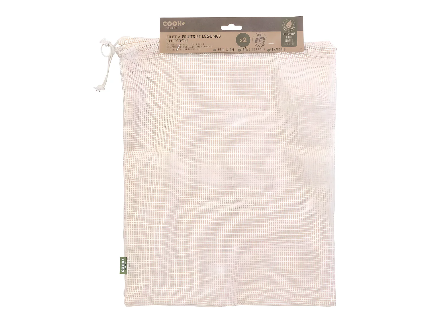 Lot de 2 Sacs Coton "Fruits Légumes" 38cm Blanc