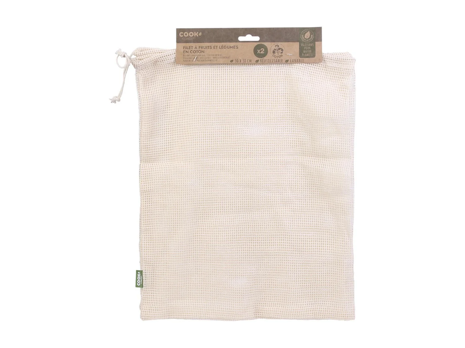 Lot de 2 Sacs Coton "Fruits Légumes" 38cm Blanc