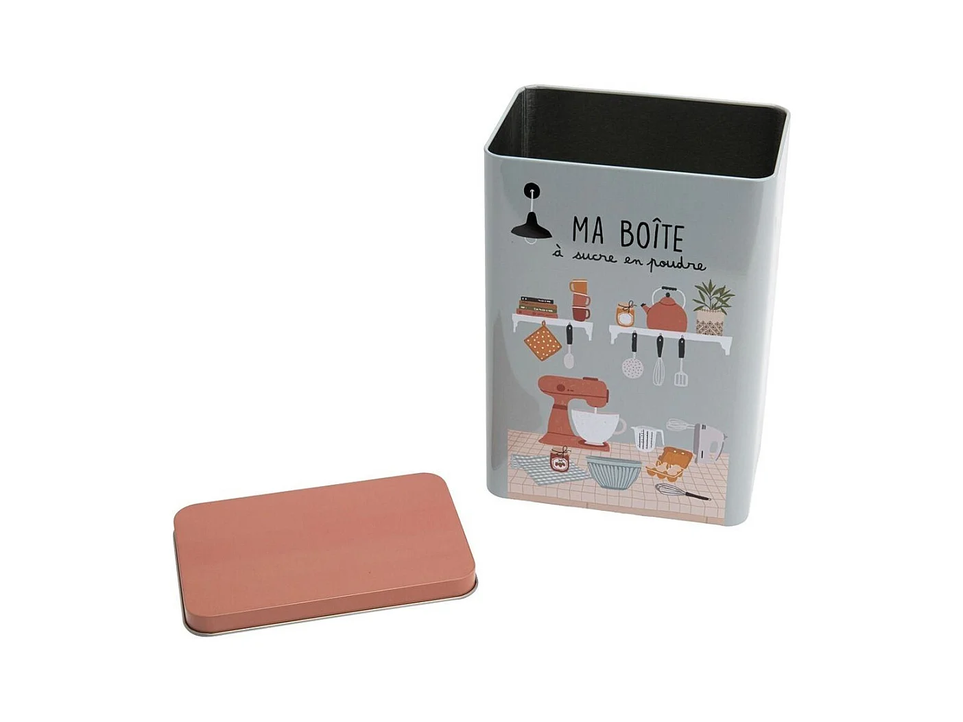 Scatola di zucchero a velo in metallo con stampe