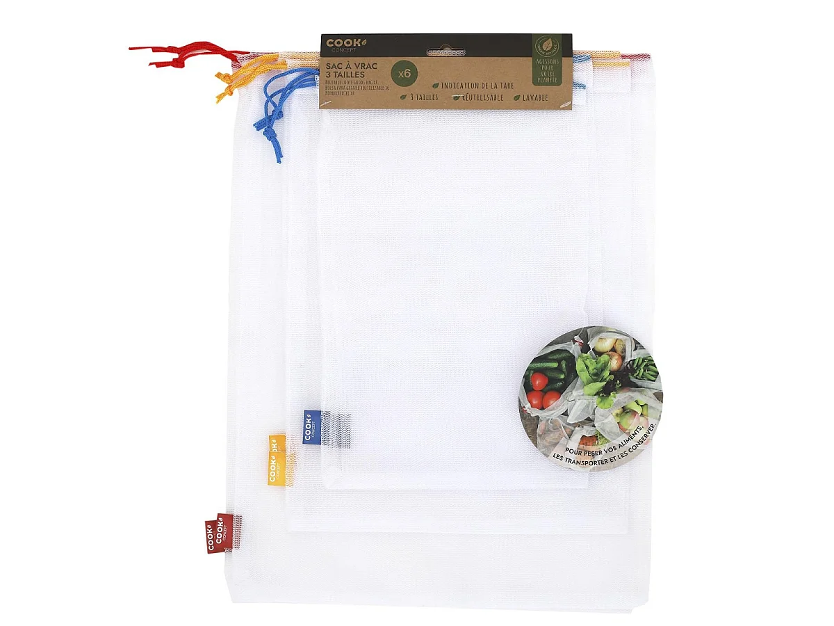 Lot de 6 Sacs à Vrac - COOK CONCEPT - Réutilisables - Lavables - Multicolore