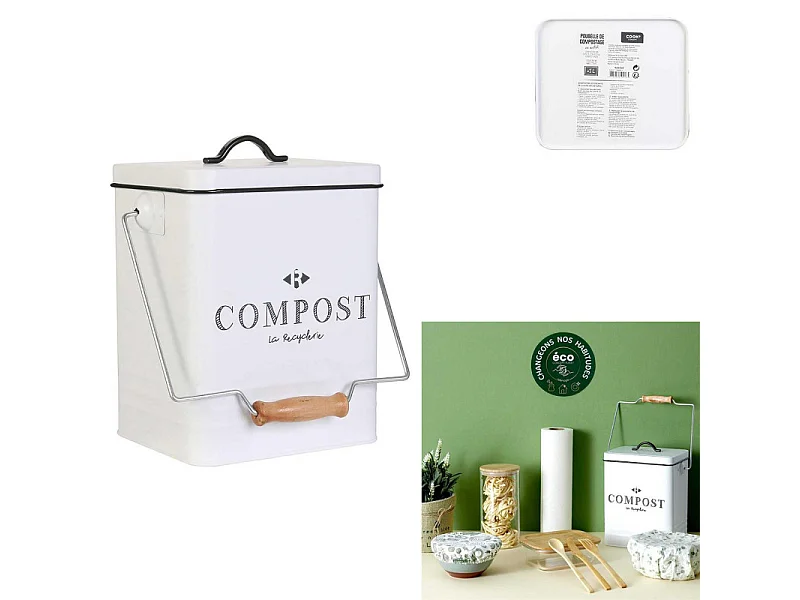 Poubelle de Compostage - JE CHERCHE UNE IDEE - Métal - 5 L - Blanc et Noir