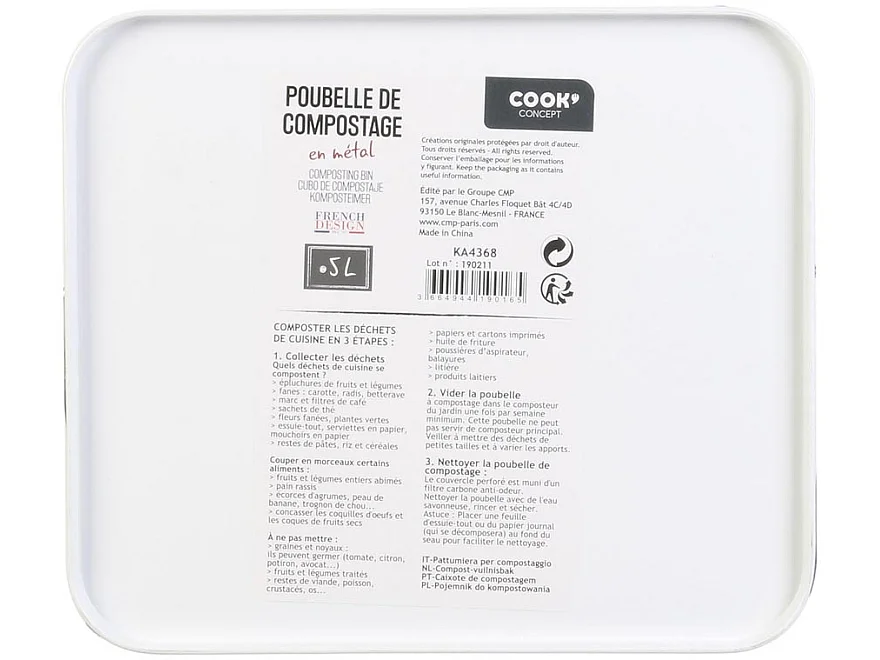 Poubelle de Compostage - JE CHERCHE UNE IDEE - Métal - 5 L - Blanc et Noir