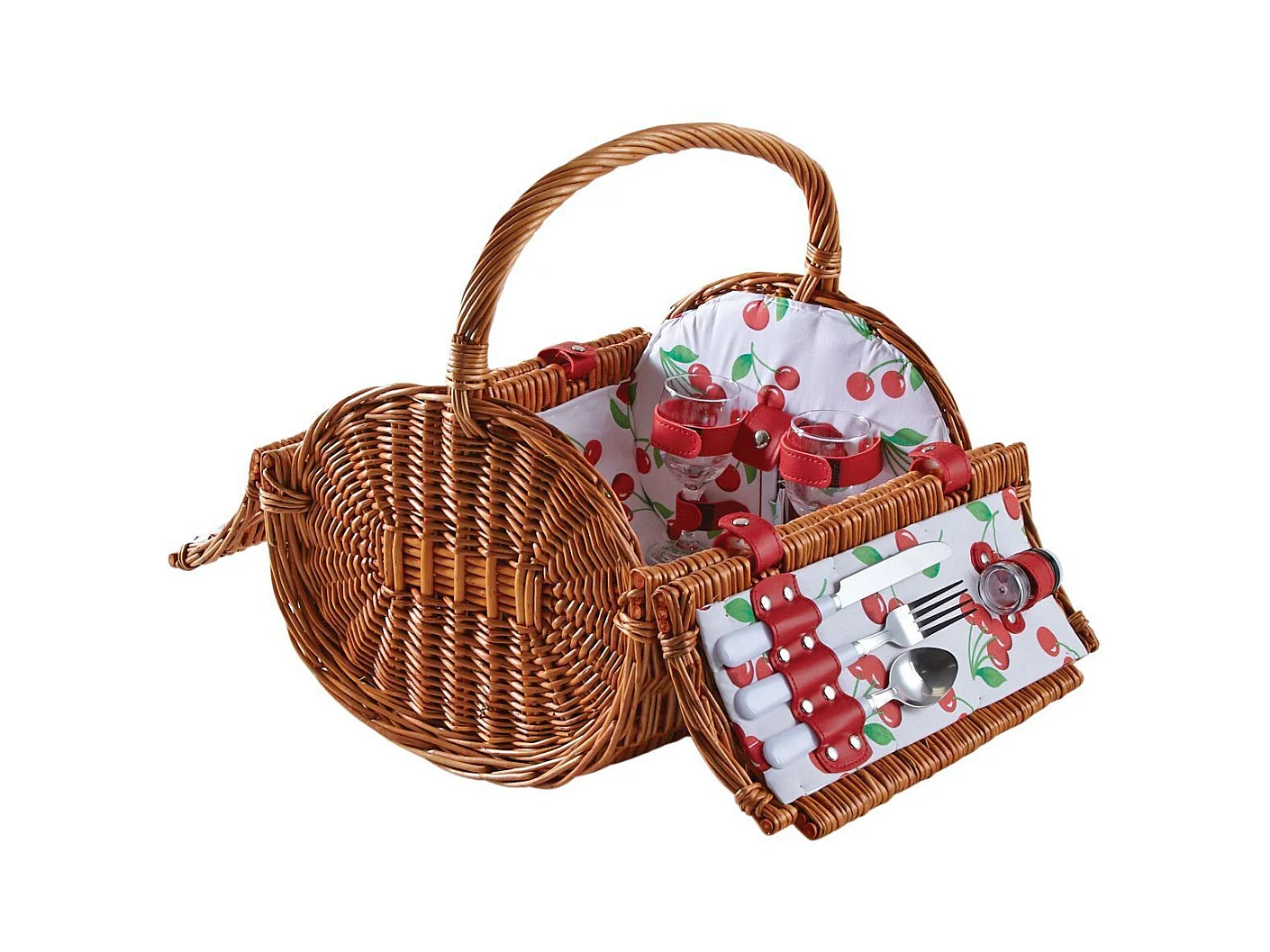 Panier pique-nique rond en osier clair 2 couvert Cerise