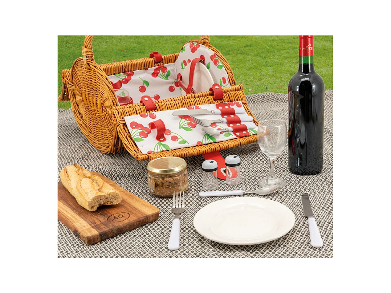 Panier pique-nique rond en osier clair 2 couvert Cerise