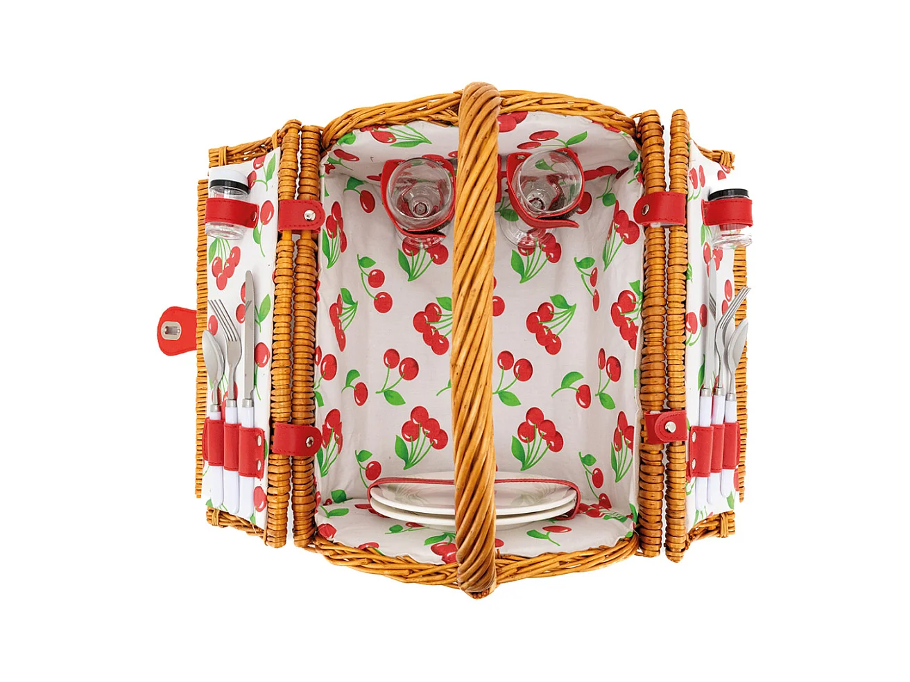 Panier pique-nique rond en osier clair 2 couvert Cerise