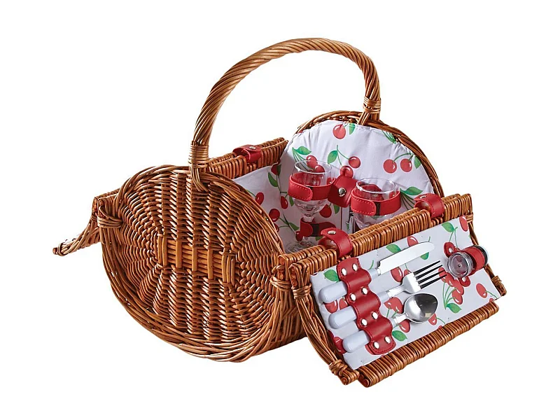 Panier pique-nique rond en osier clair 2 couvert Cerise