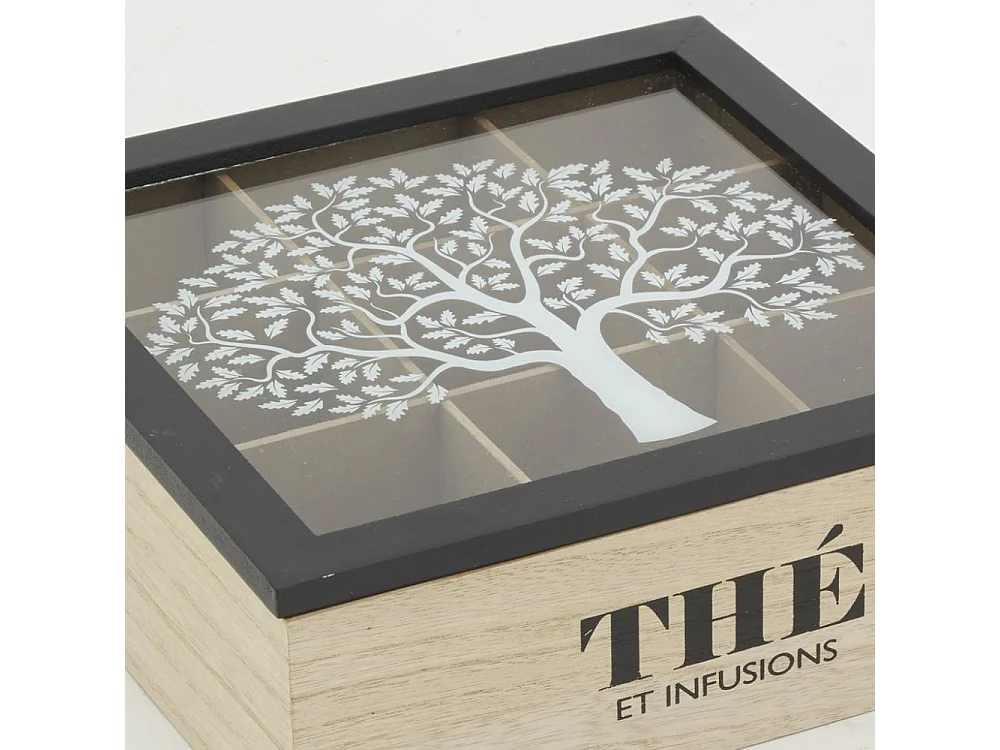 Boite à thé 9 compartiments en bois naturel et teinté Arbre de vie