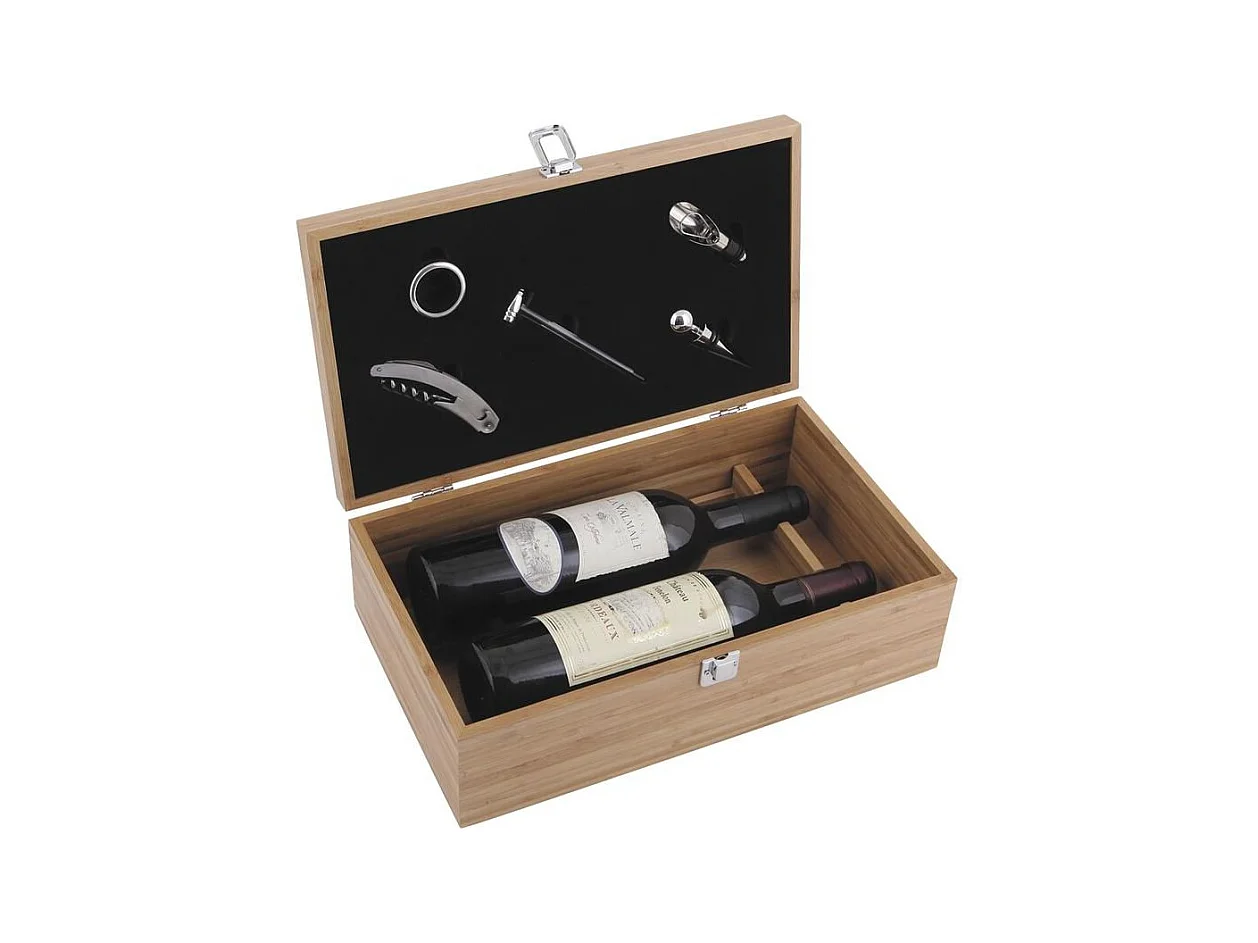 Coffret vin en bambou avec 5 accessoires inox – Idée cadeau élégante