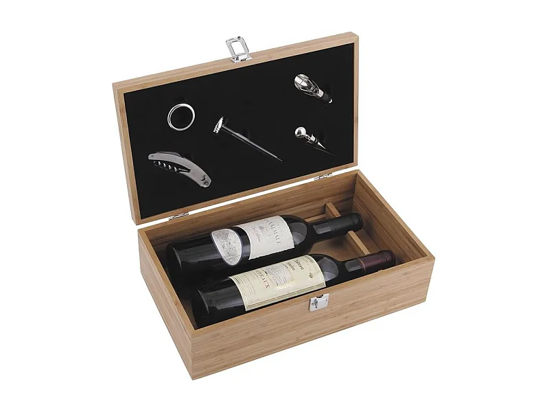 Coffret vin en bambou avec 5 accessoires inox – Idée cadeau élégante