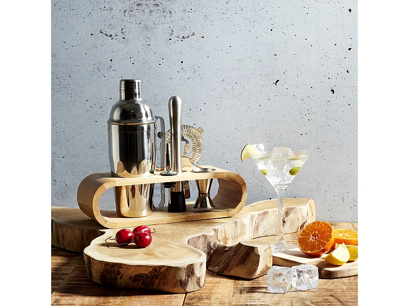 Coffret A Cocktail Support Bambou Argent, Marron